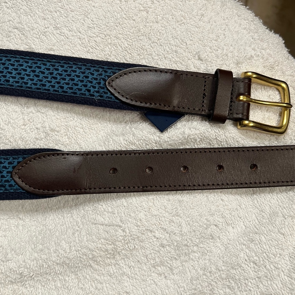 Vineyard Vines Brown Leather and Blue Fabric Belt